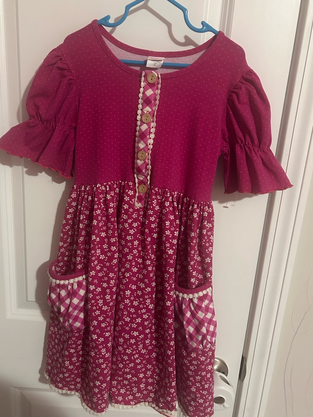 Girls' Raspberry Floral Pocket Dress with Gingham Accents